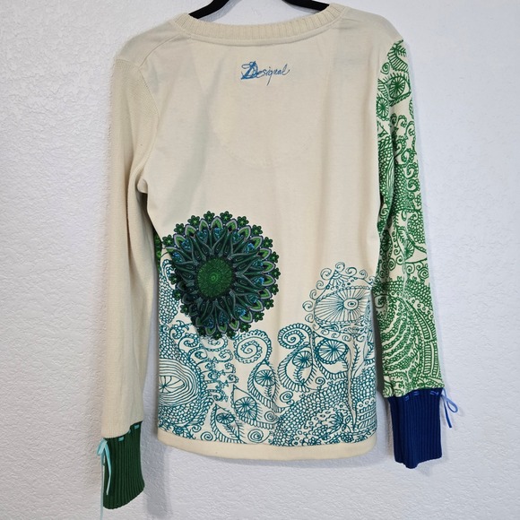 Desigual Long Sleeve V Neck Sweater Mandala Print Blue Green Sequin Sz XL - Picture 4 of 6